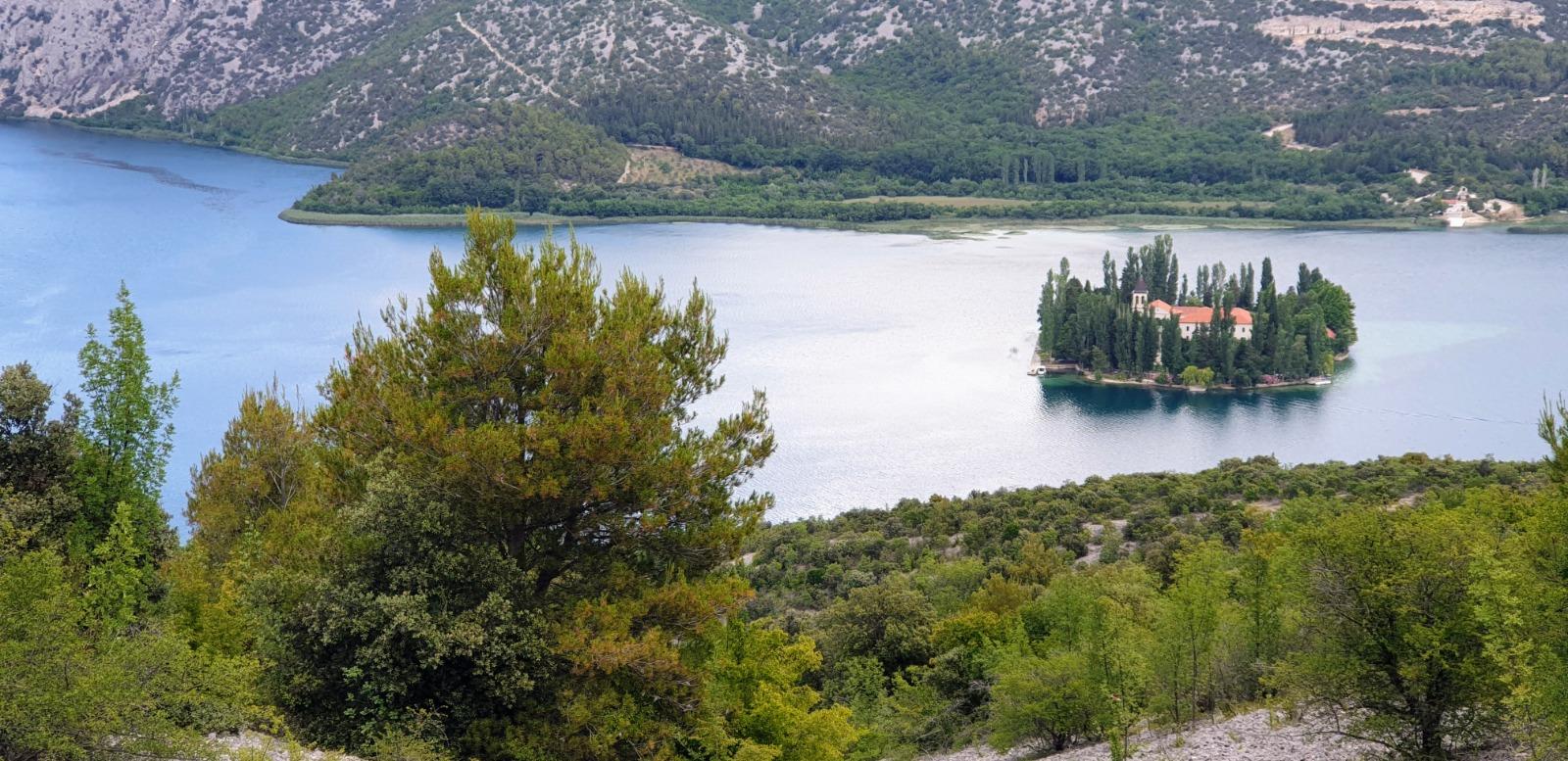View on Visovac island on the Krka river from Dubravice