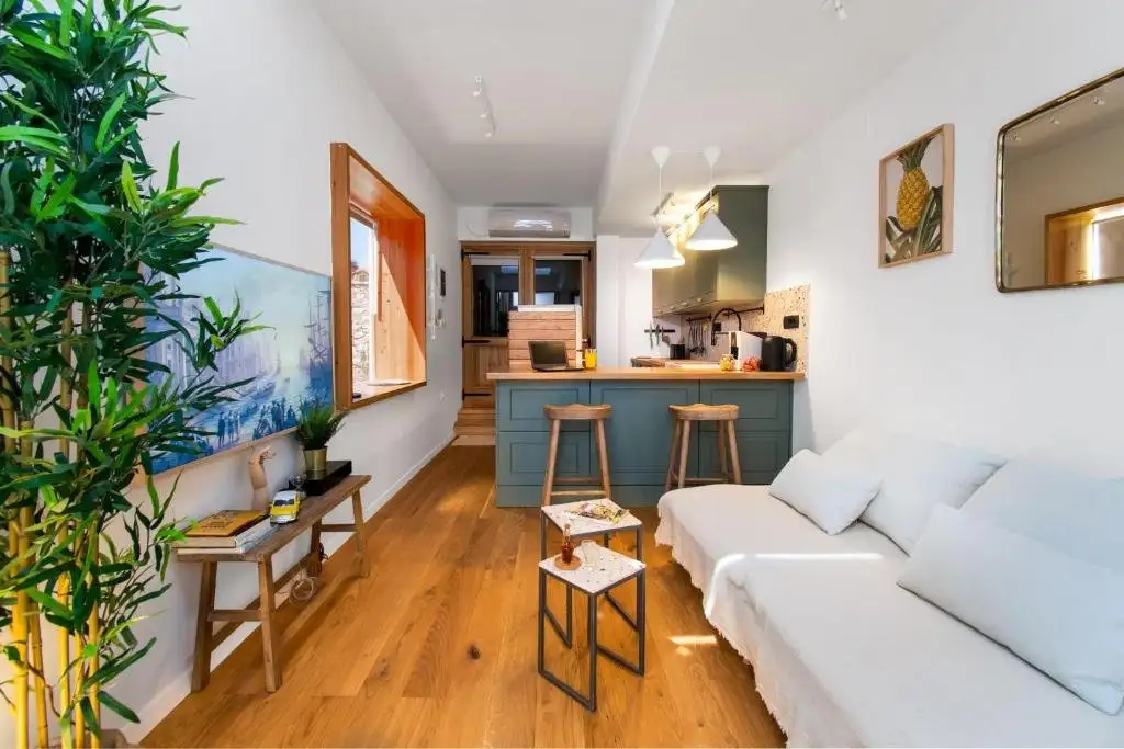 Cozy and modern apartment interior with an open floor plan featuring a living area with a white sofa, wooden flooring, a kitchenette with teal cabinetry, and a vibrant houseplant near the entrance.
