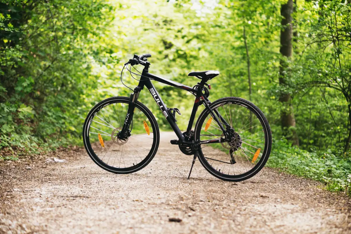 Black hybrid bicycle positioned on a gravel path amidst a lush green forest, highlighting the tranquility and potential for adventure on a nature trail.